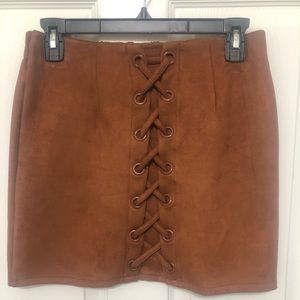 Shinestar Suede Camel Tie-Up Mini Skirt